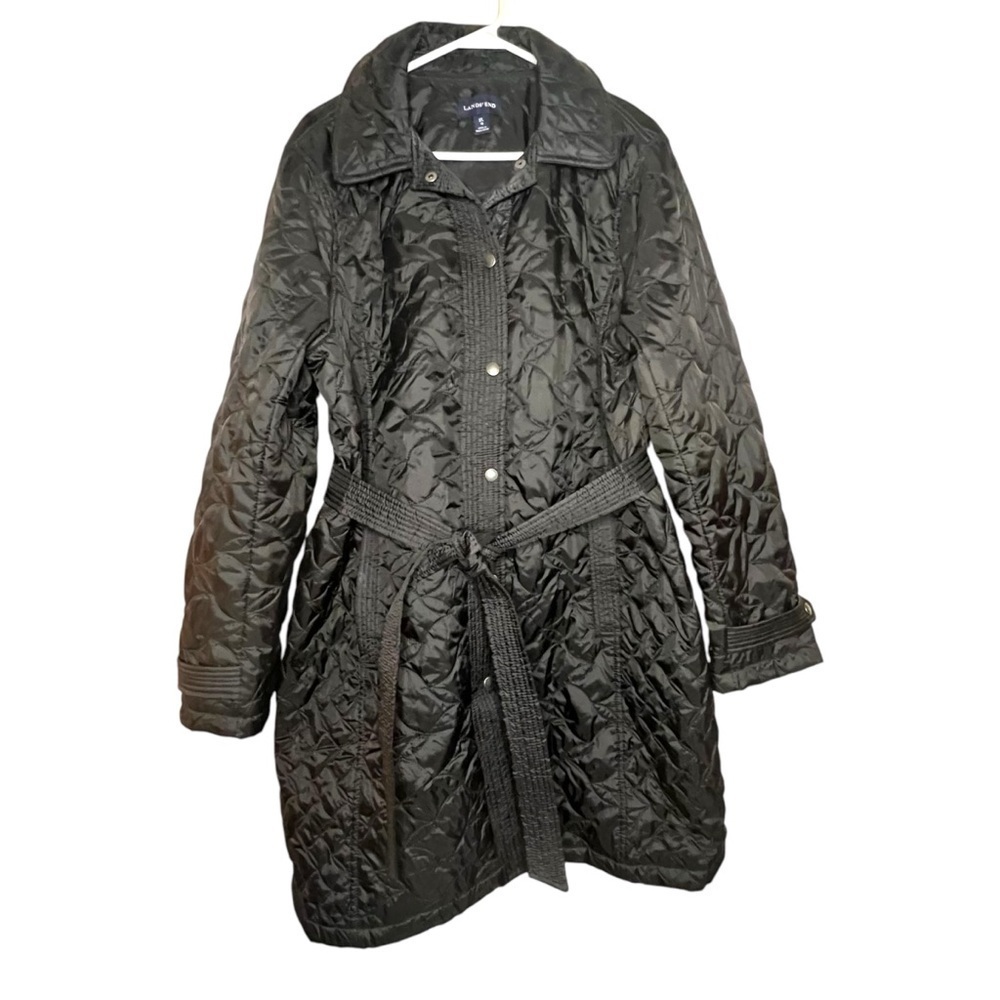 Land's End Long Quilted Belted Coat Black Size XL